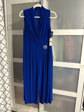 Jessica Howard Blue Jumpsuit Size M Cropped Wide Leg Sleeveless Wrap Belted NWT